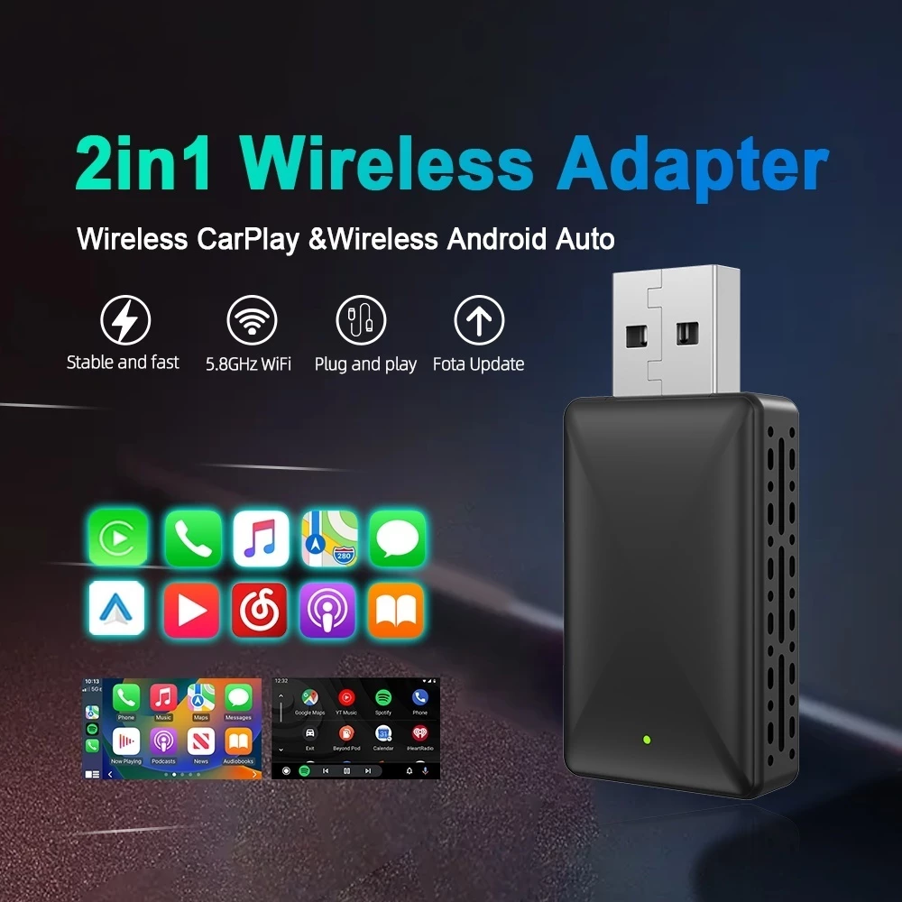 Bộ chuyển đổi tự động Android CarPlay không dây cho ô tô có dây nhà máy, CarPlay không dây & Android tự động 2 trong 1