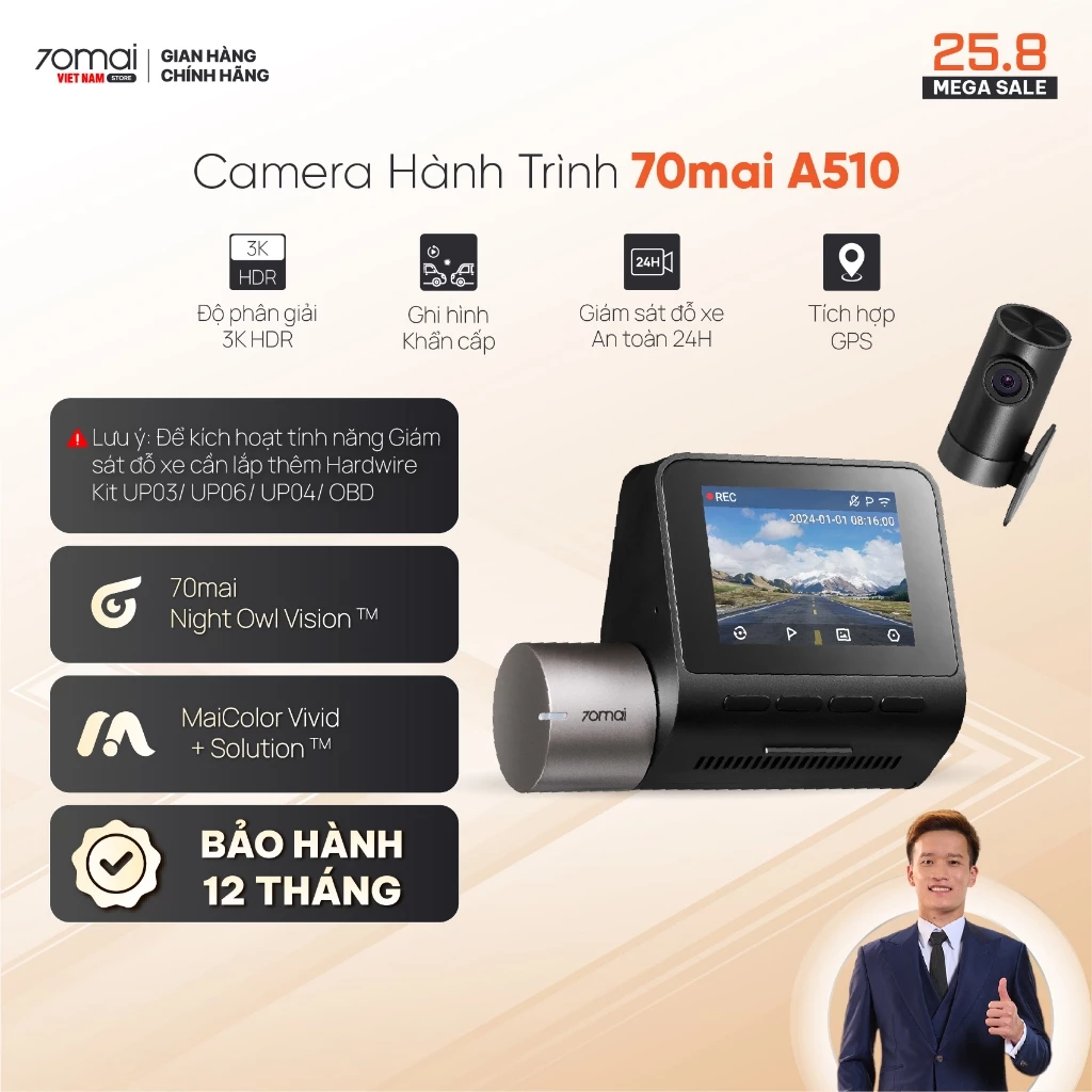 Camera hành trình 70mai A510, 3K HDR Ghi hình đồng thời 2 mắt trước sau sắc nét