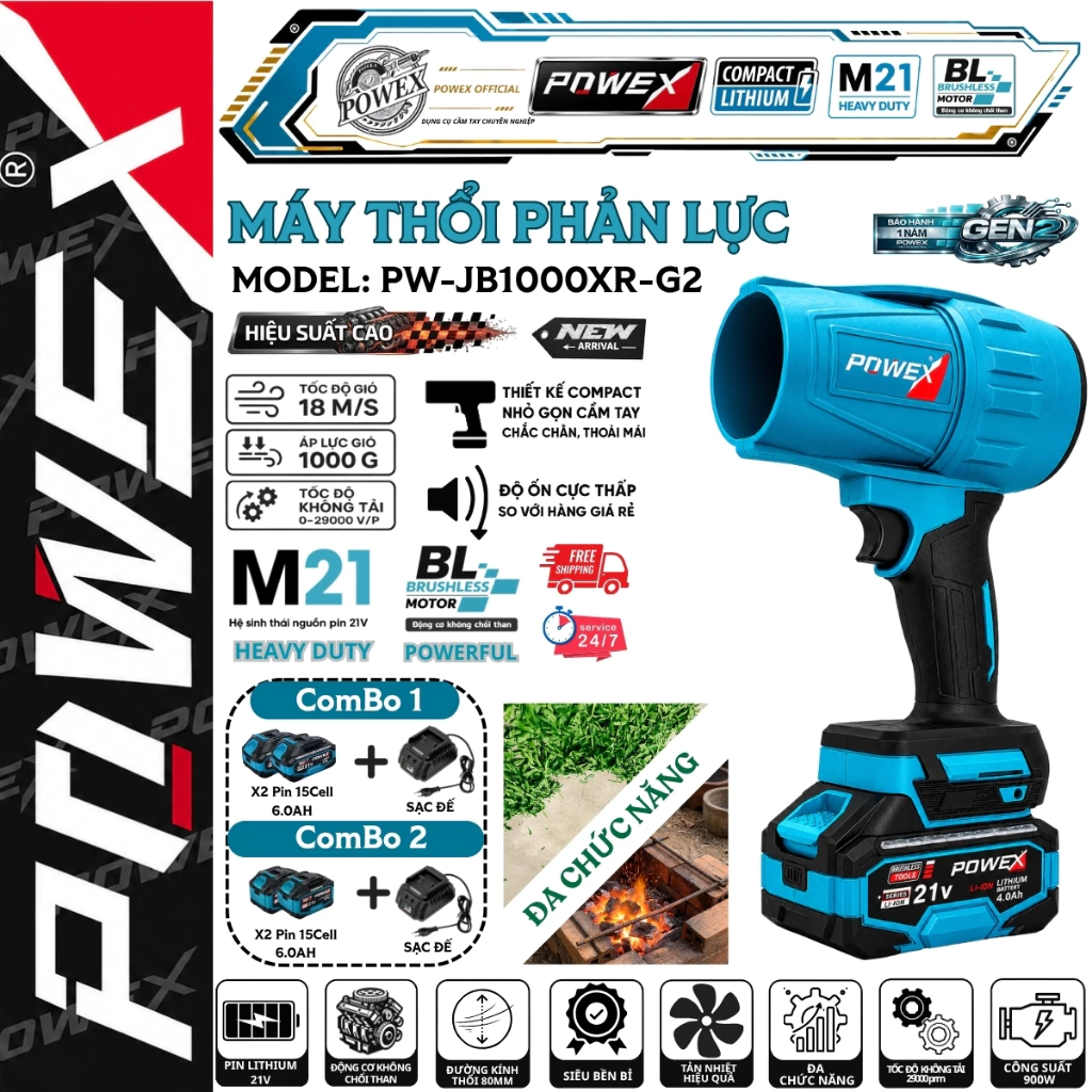 Máy thổi gió phản lực POWEX PW-JB1000XR-G2 – 900W siêu mạnh, tốc độ 29000 vòng/phút, mô-tơ BL bền bỉ