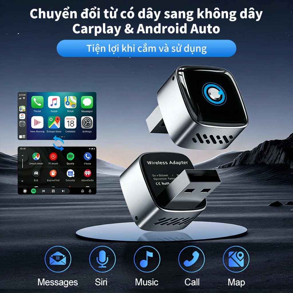 Unisen Bộ chuyển đổi Android Auto CarPlay 2 trong 1 có dây/không dây cắm là chạy kết nối USB